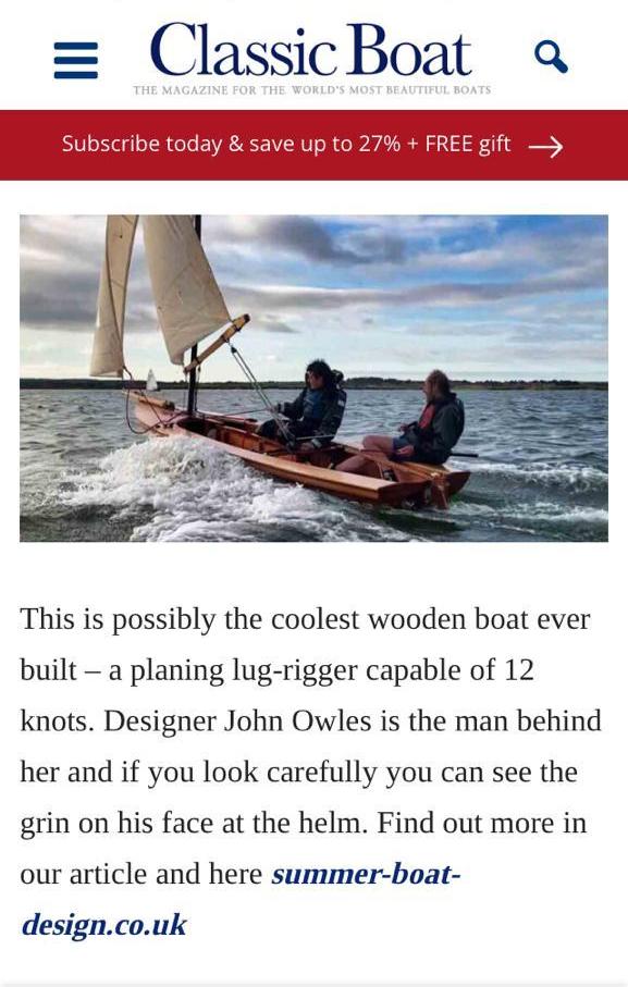 This is possibly the coolest wooden boat ever built - a planing lug-rigger capable of 12 knots